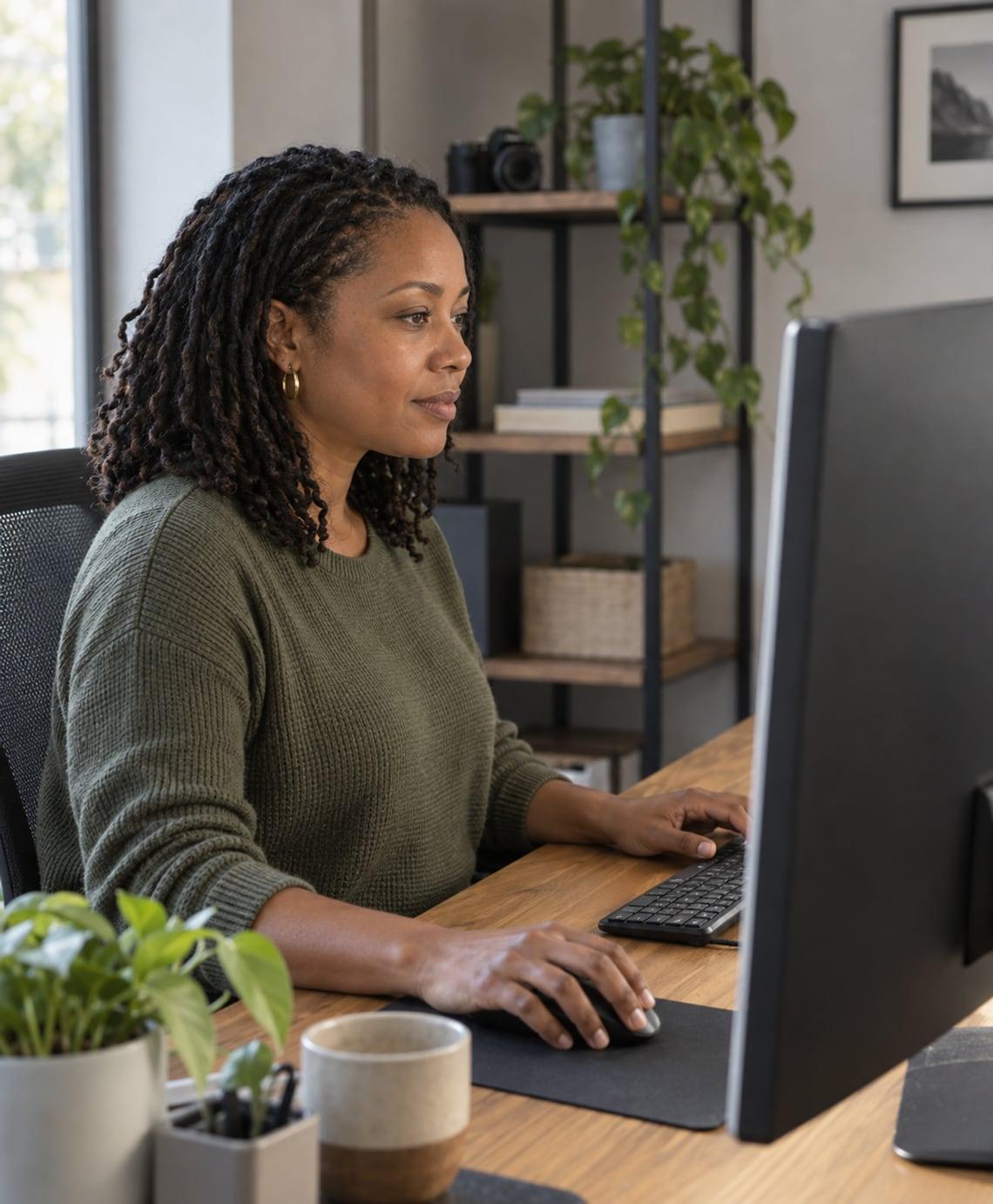 Independent publisher working at a desktop computer in a home workspace