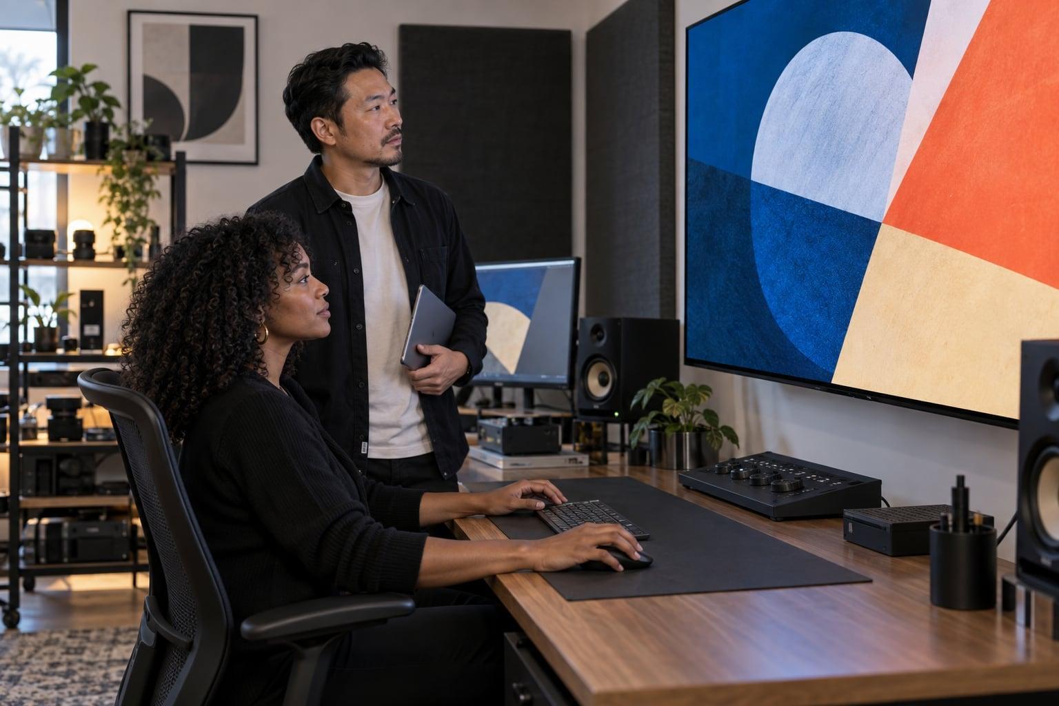 Agency colleagues reviewing creative work on a studio display