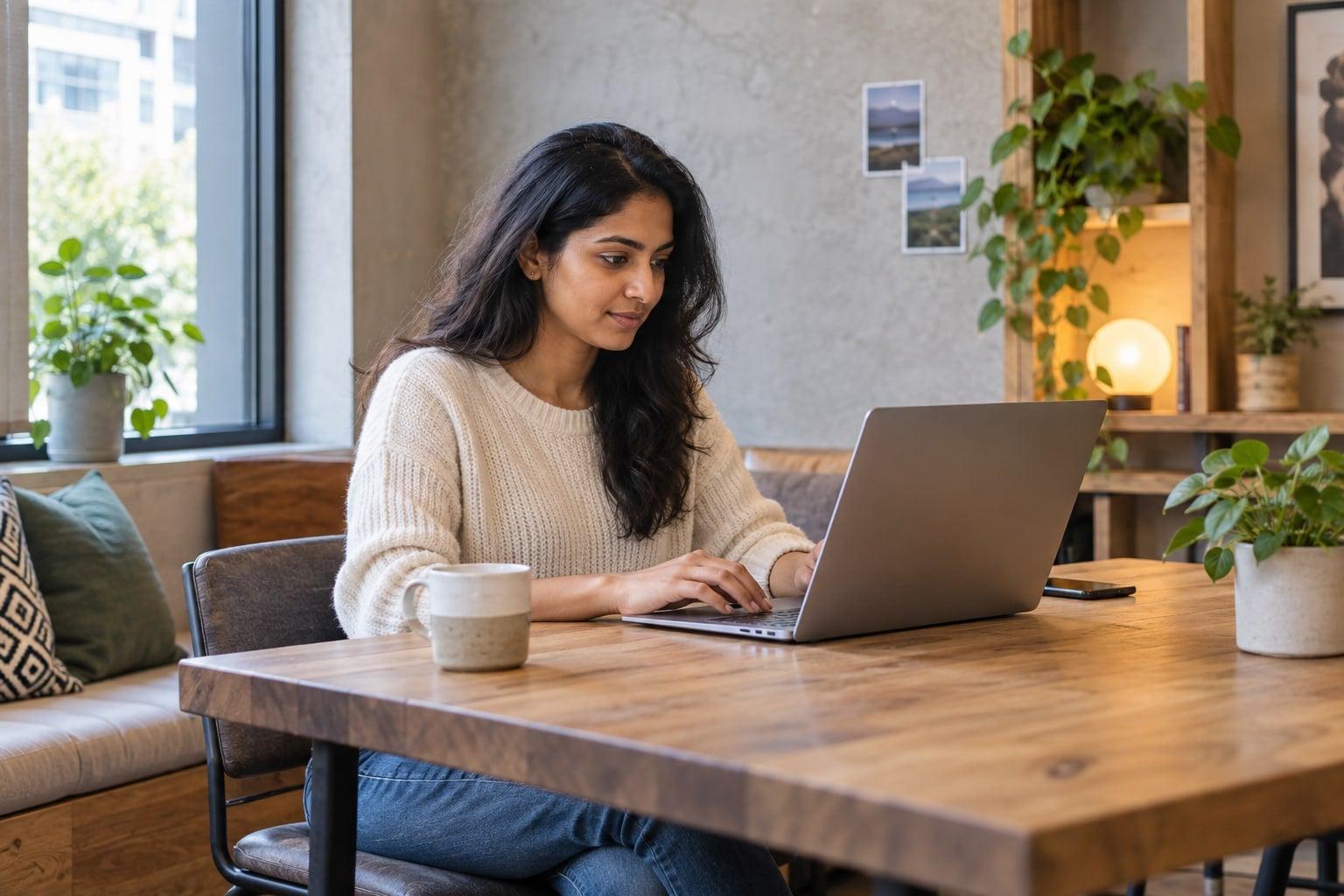 Independent software engineer beginning work on a laptop in a coworking space