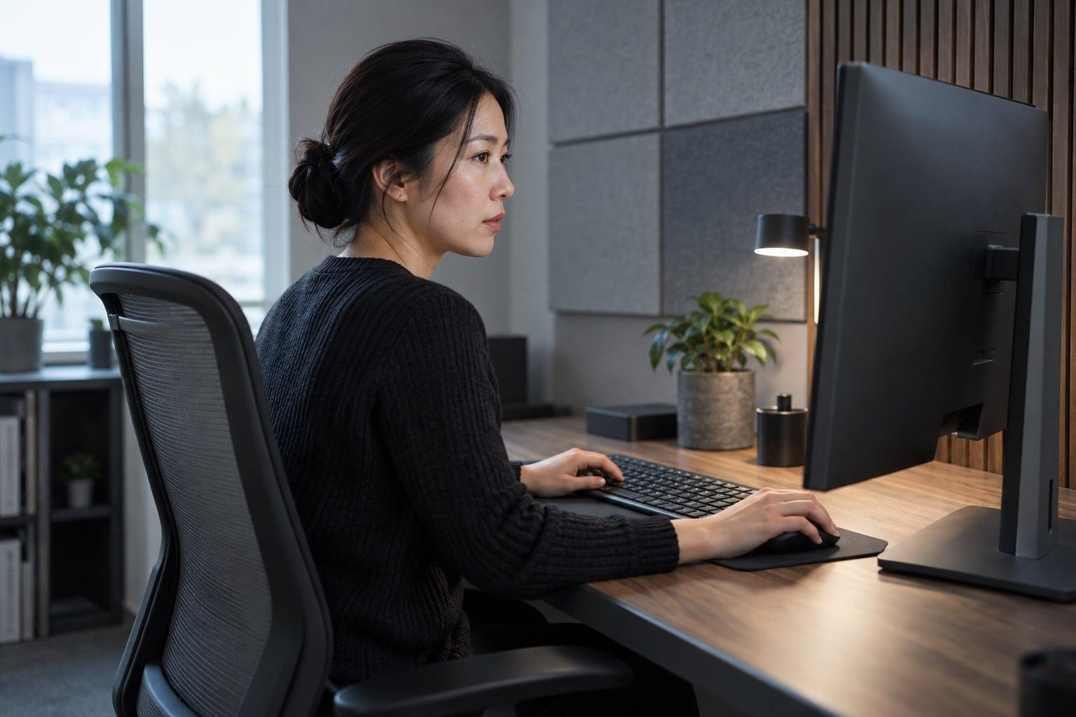 A compliance operations specialist completing a digital review at a desktop workstation