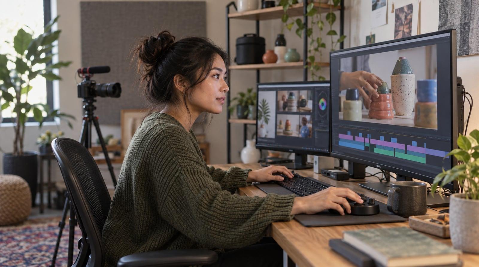 Video creator editing footage at a dual-monitor workstation