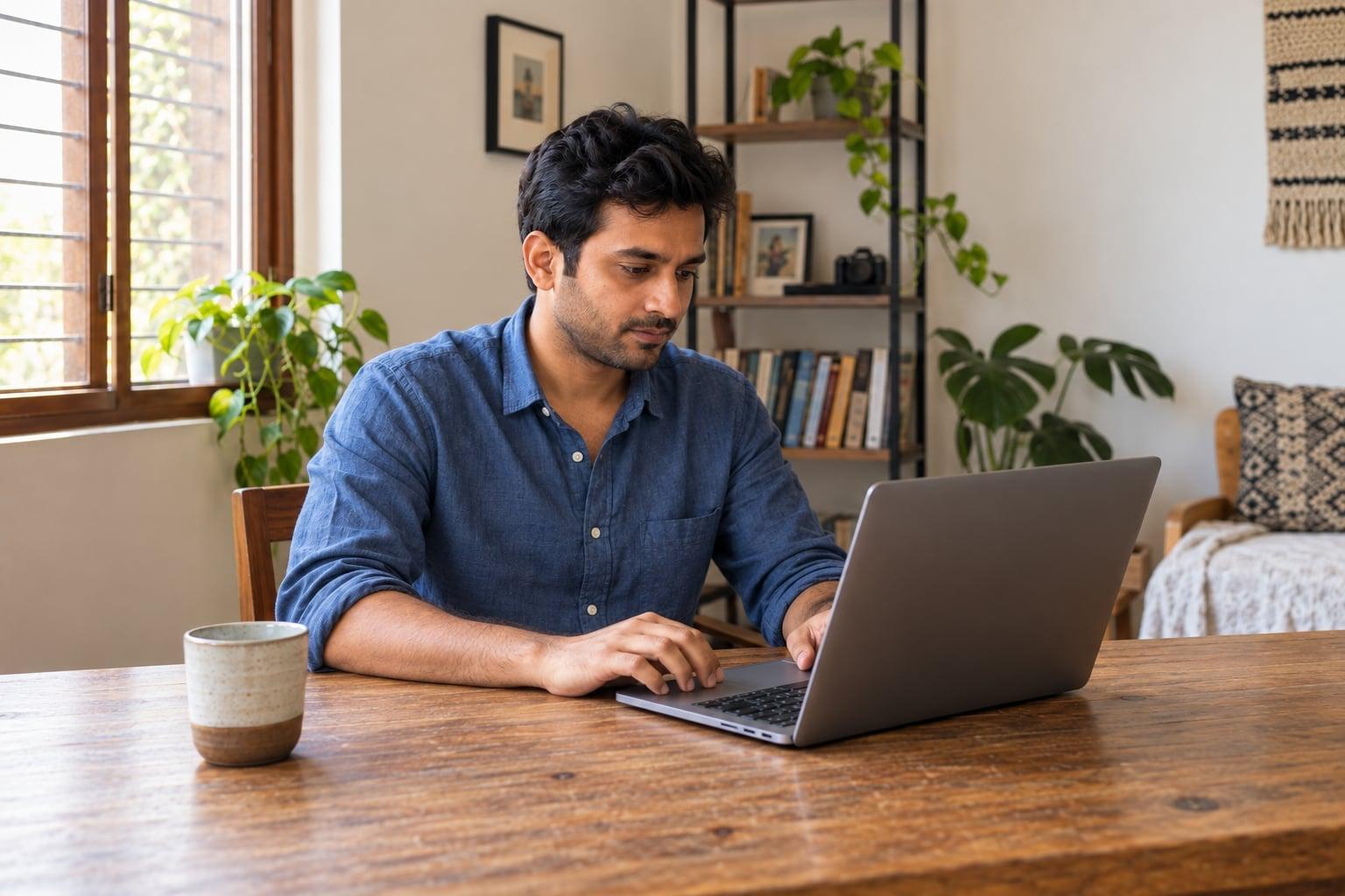 An independent professional working on a laptop in a sunlit home workspace