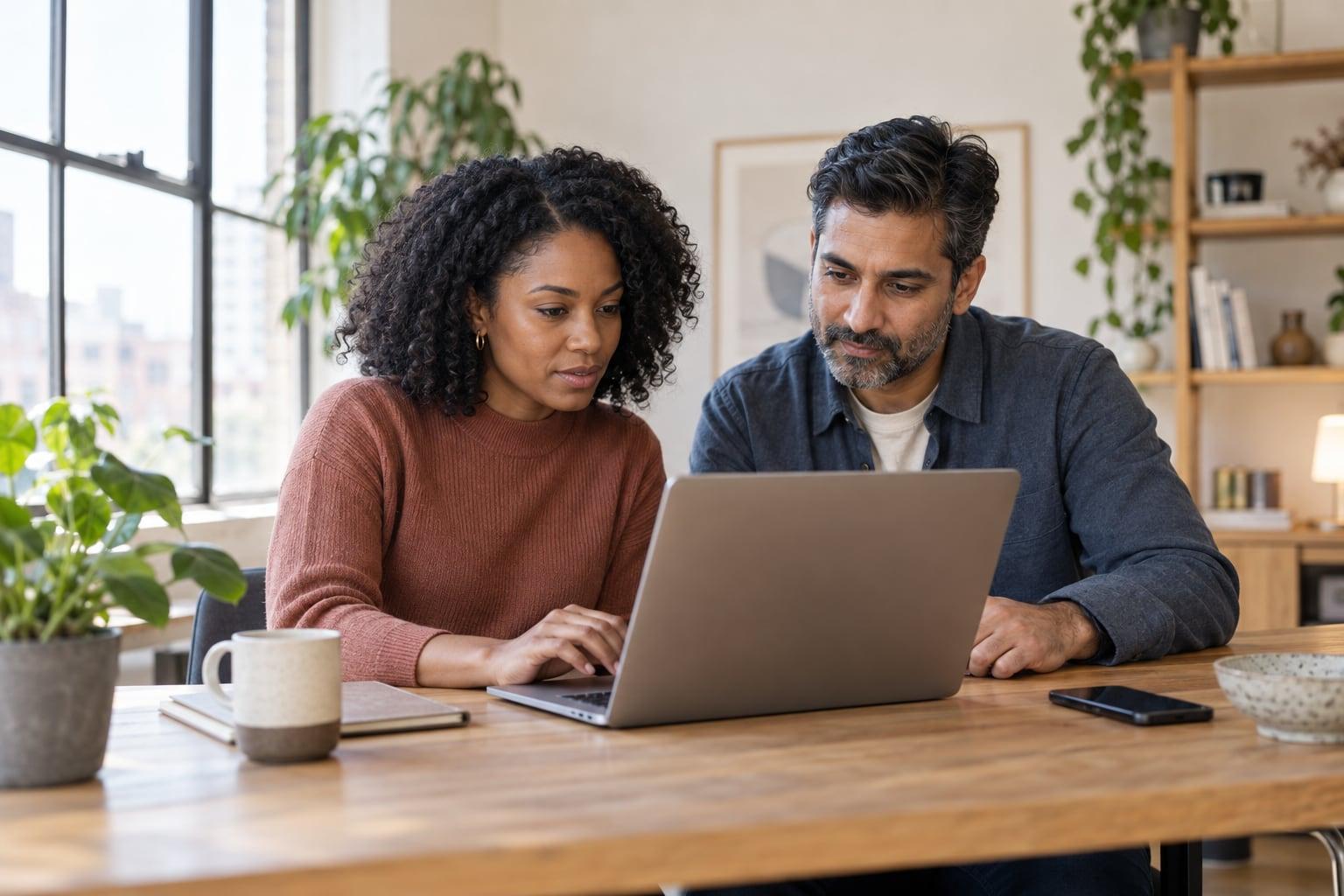 Two digital professionals reviewing client work together on a laptop