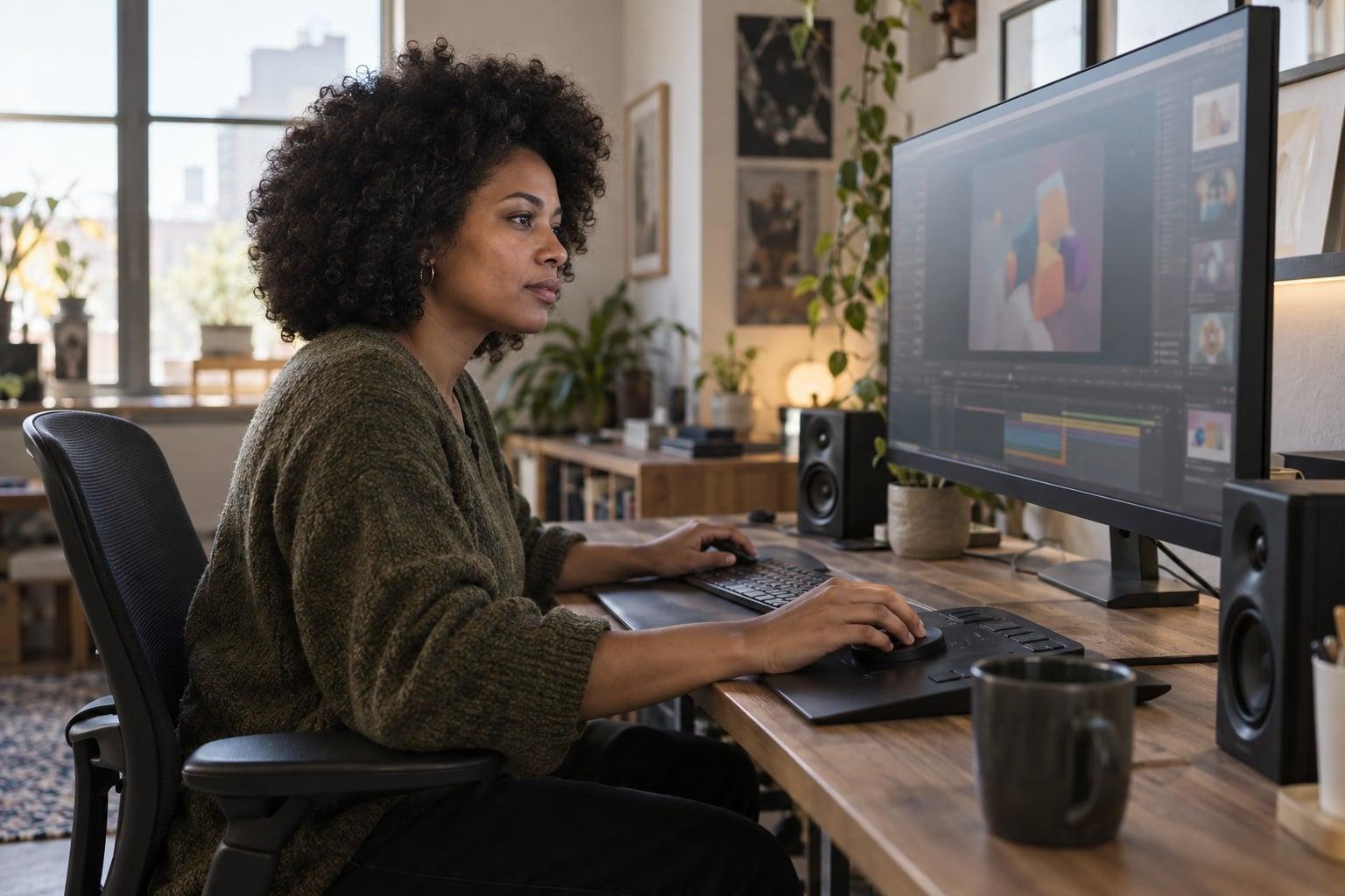 An independent motion designer working at a desktop editing station