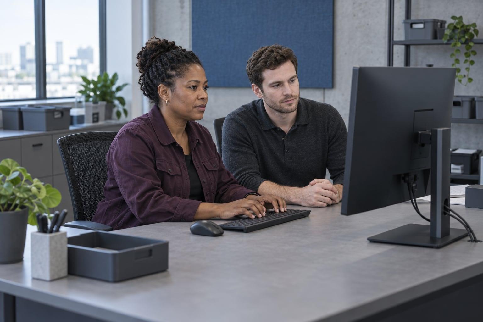 Two payout operations colleagues reviewing an export at a desktop workstation