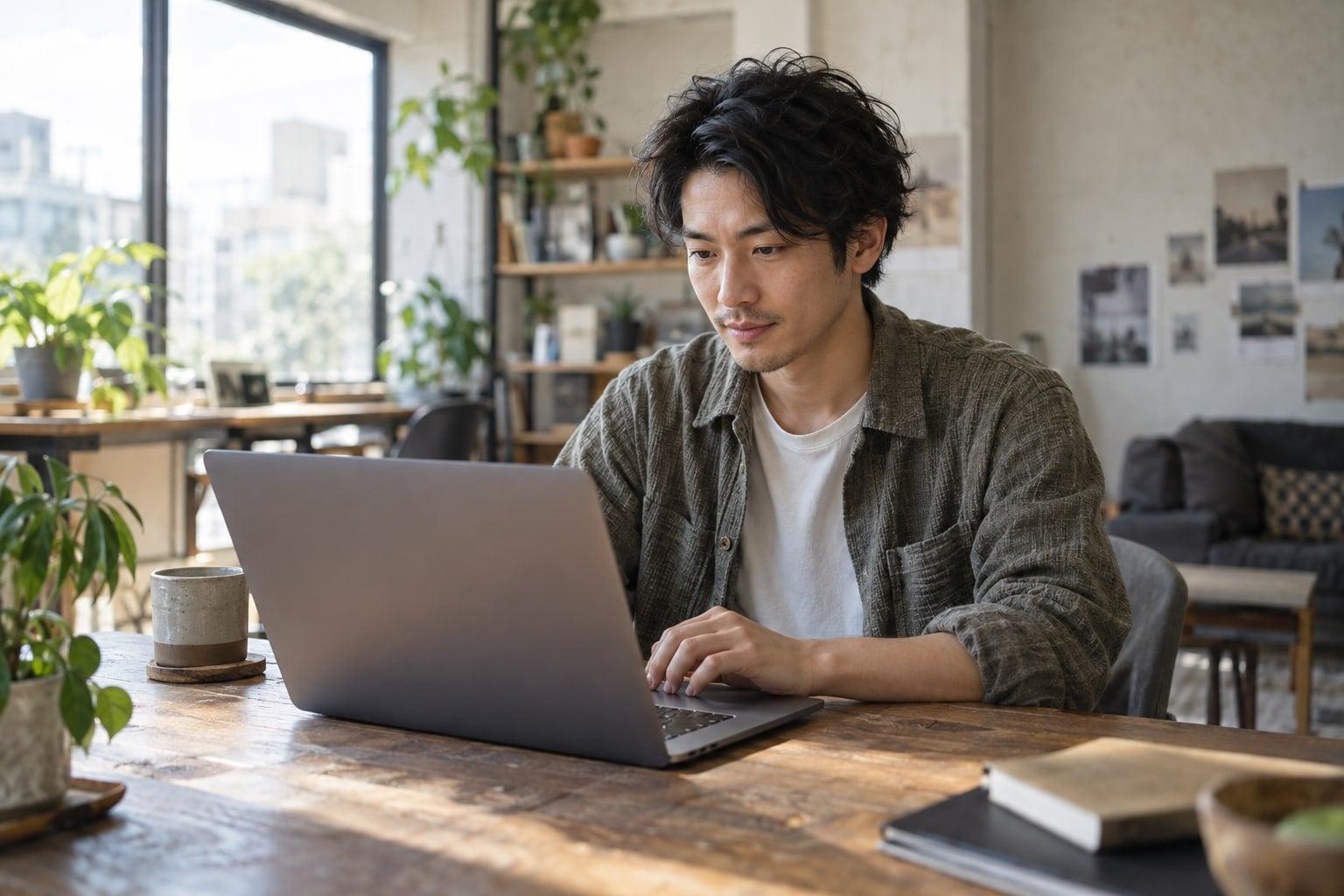 Independent professional reviewing work on a laptop in a sunlit studio
