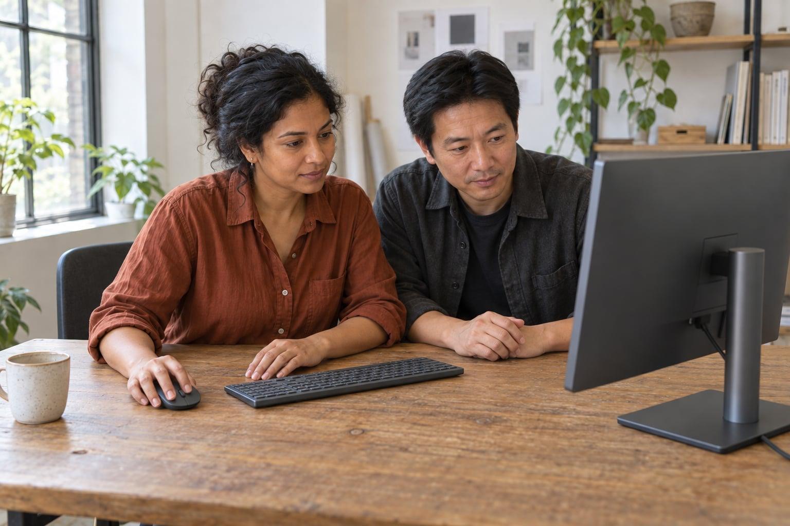 Two colleagues reviewing work together on a desktop computer in a studio