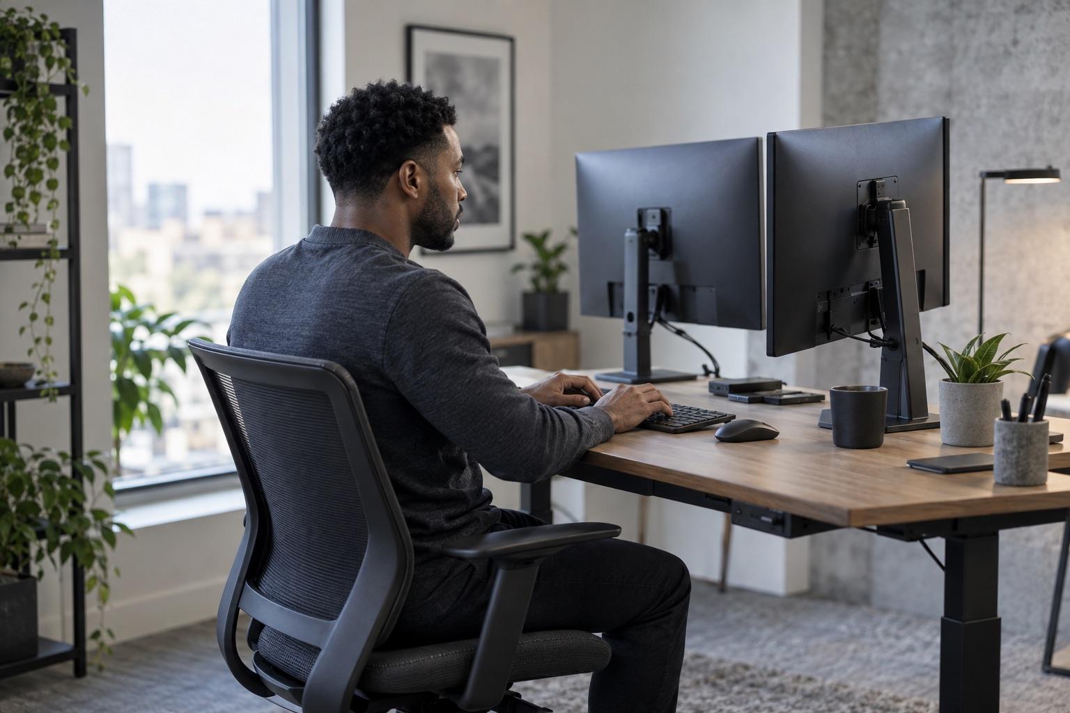 A systems engineer working at a dual-monitor desktop workstation
