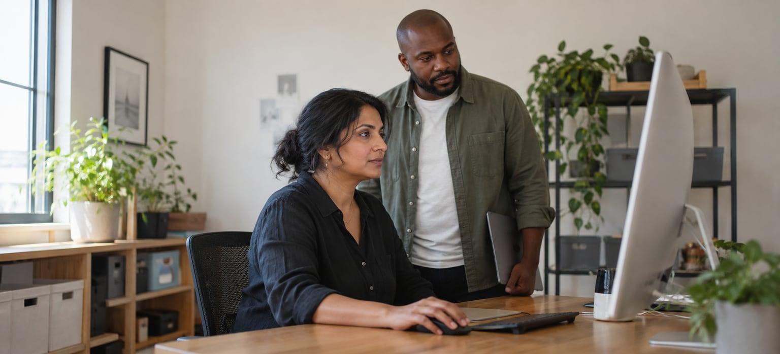 Two colleagues reviewing operations work on a desktop computer