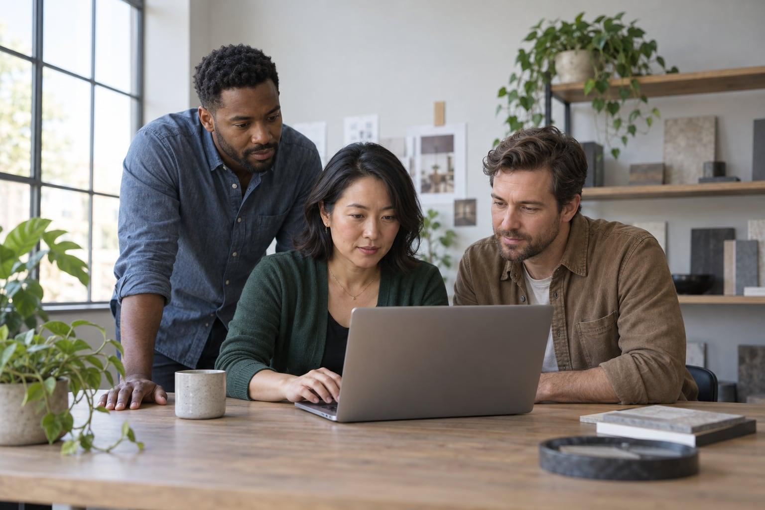 Three colleagues reviewing contractor work together on a laptop