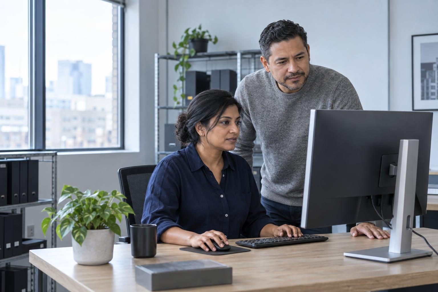 Two finance operations colleagues verifying an incoming transfer at a desktop workstation