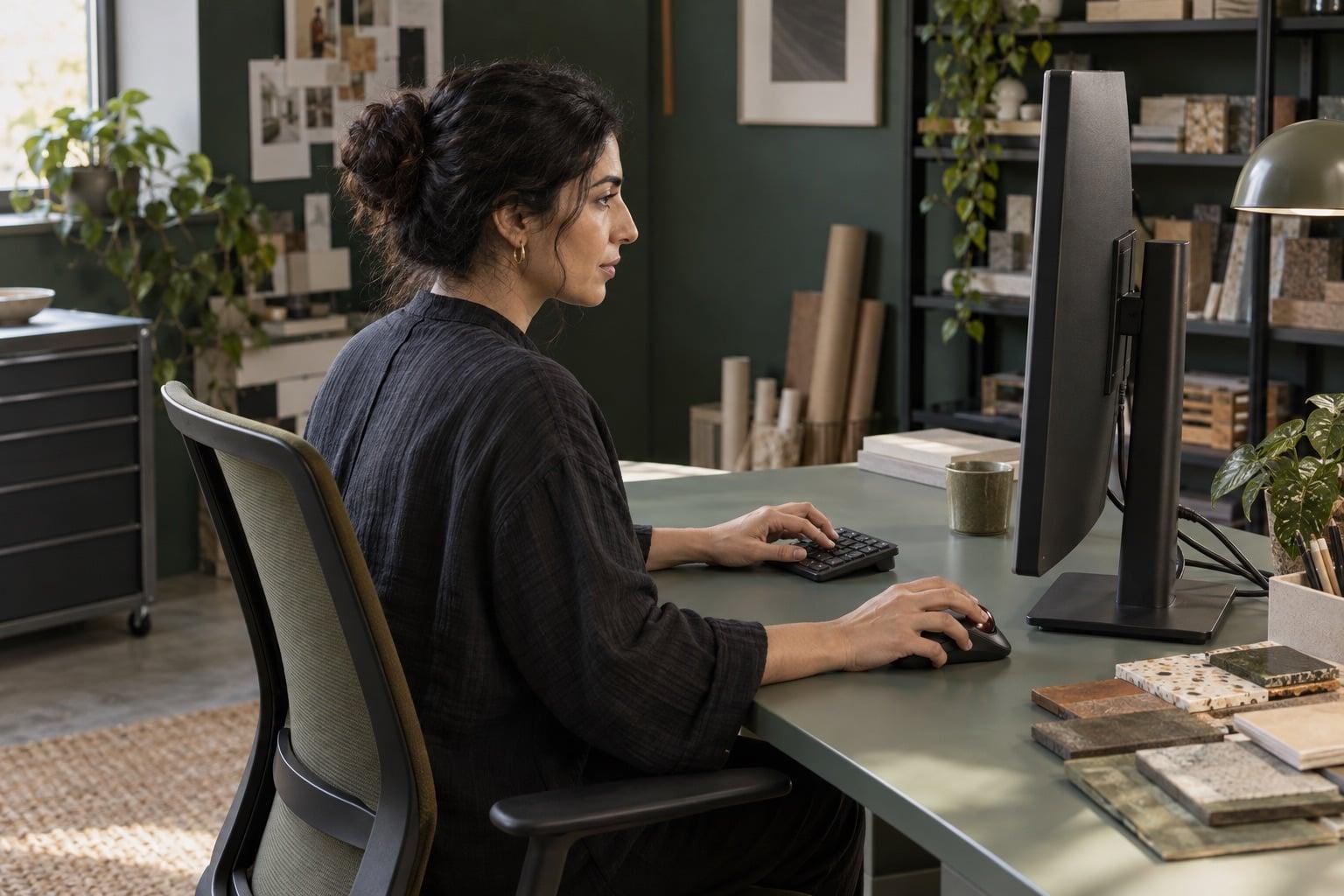 An independent professional checking a digital calculation at a desktop workstation