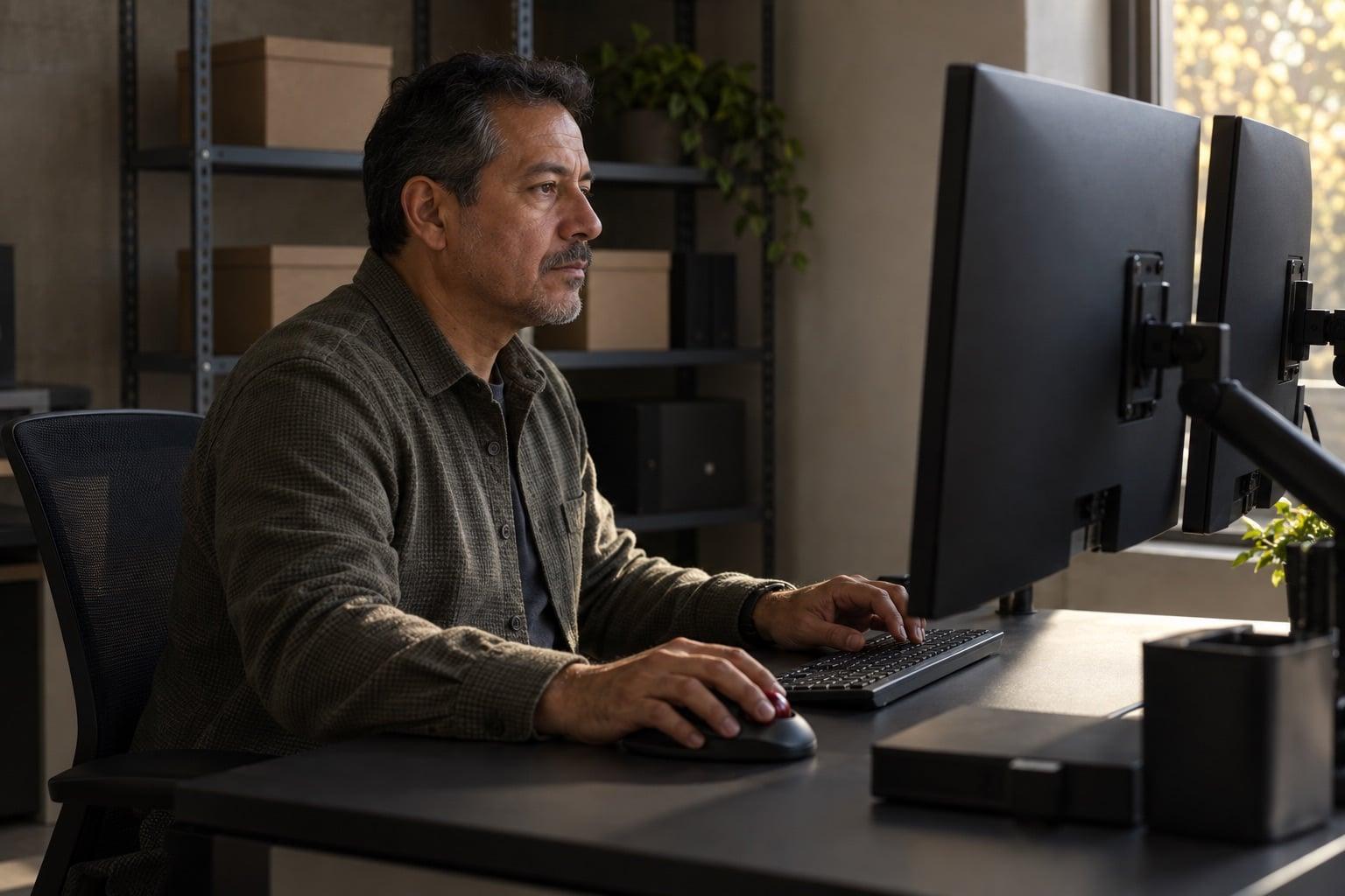 A finance controller reviewing records at a dual-monitor workstation