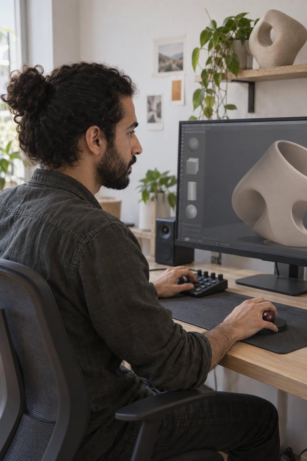 Independent digital designer refining a 3D model at a desktop workstation