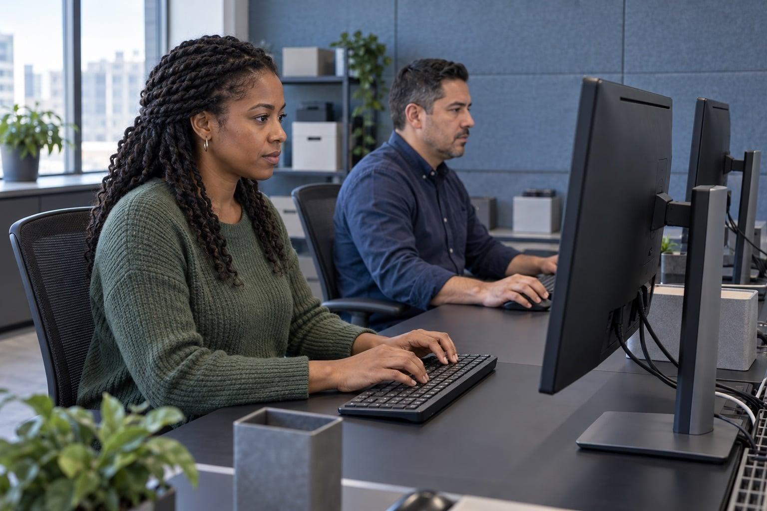 Operations colleagues preparing a payment run at desktop workstations