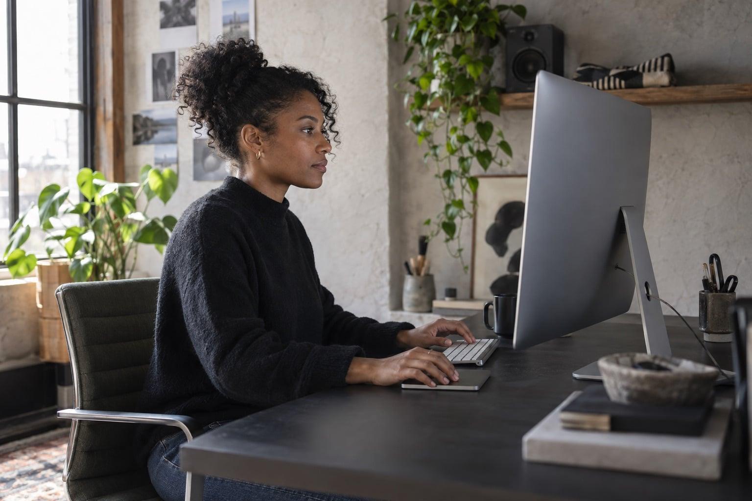 An independent web designer working at a desktop workstation