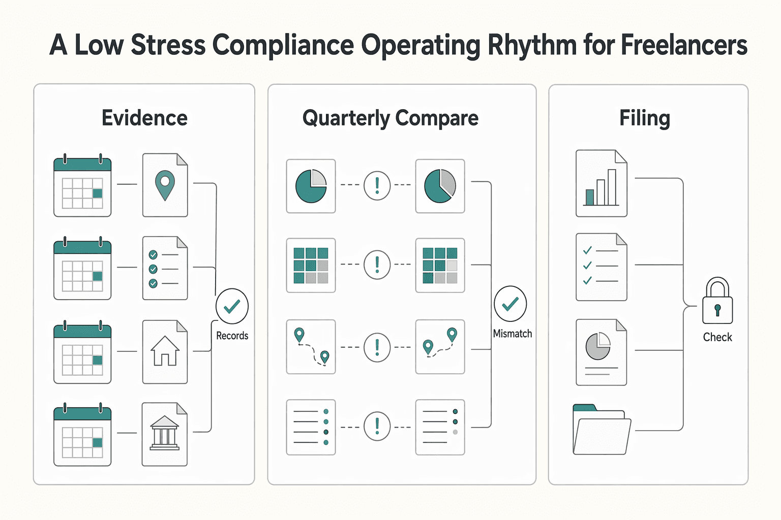 Diagram showing A Low Stress Compliance Operating Rhythm for Freelancers for 183-Day Rule Tax Myths That Trigger Residency Filing Mistakes.