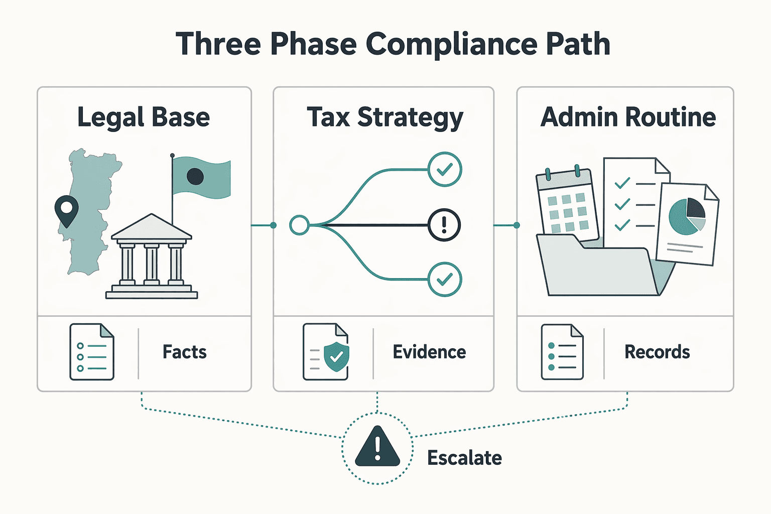 Diagram showing A US Developer's Guide to Portugal: The 3-Phase Framework for Tax Compliance & Peace of Mind for FEIE or FTC for a US Developer Living in Portugal.