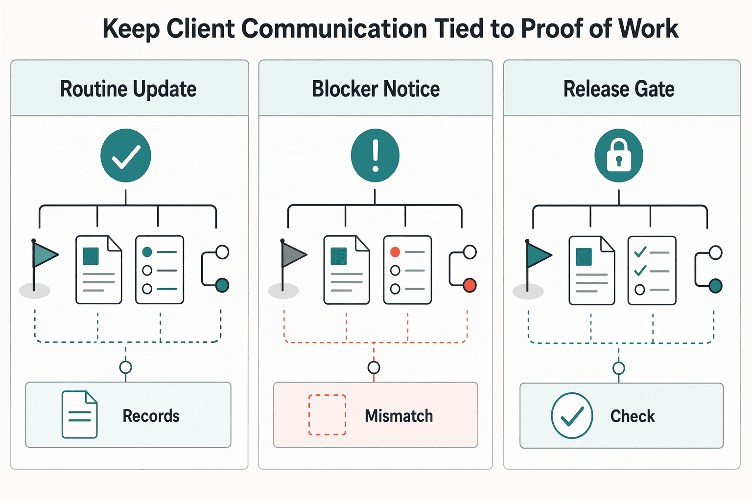 Diagram showing Keep client communication tied to proof of work for Managing a Six-Figure Consulting Project in Asana.