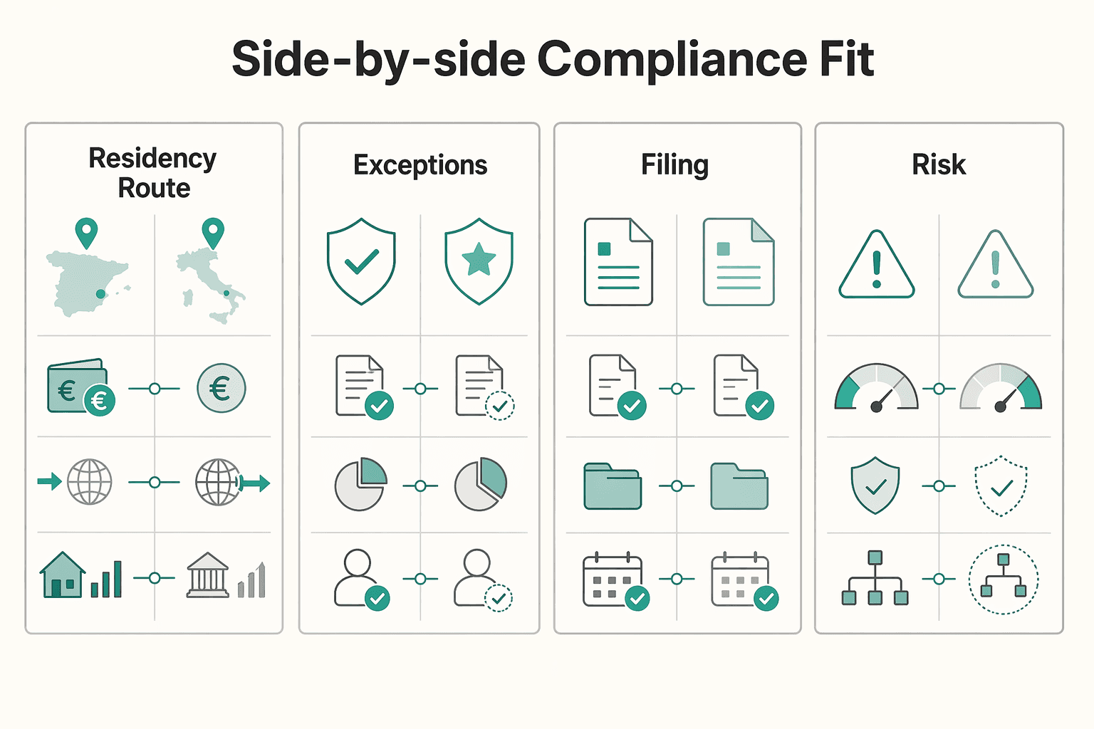 Diagram showing Side-by-side compliance fit for Spain's Beckham Law vs Italy's Lavoratori Impatriati for Tech Professionals.