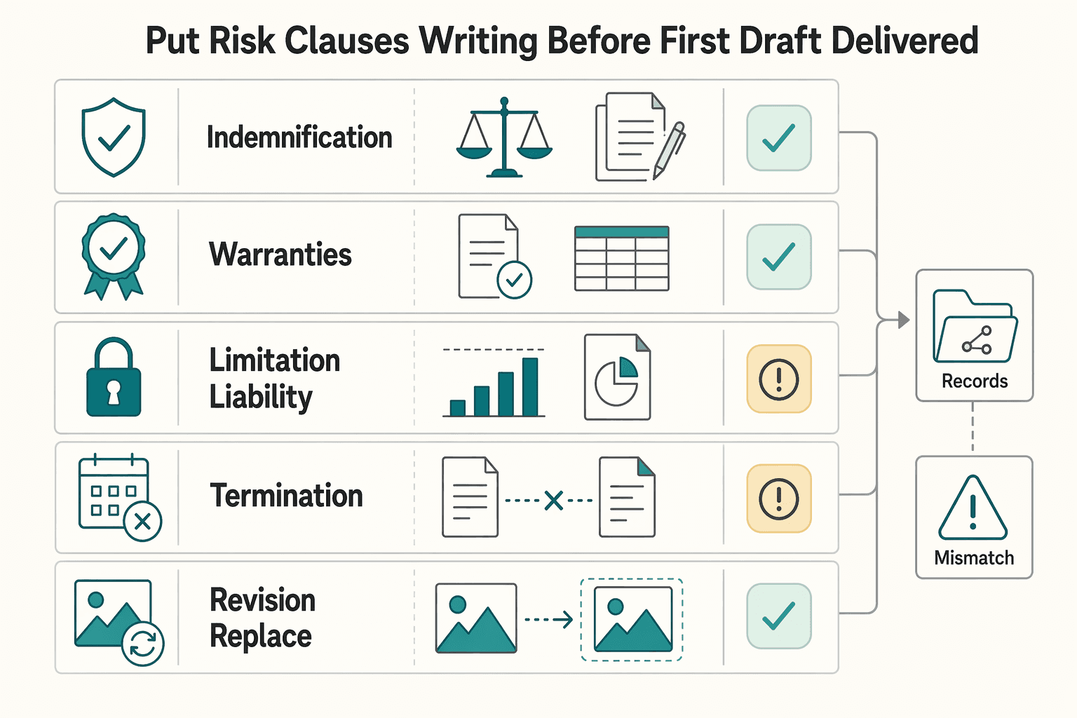 Diagram showing Put the risk clauses in writing before the first draft is delivered for Copyright Considerations for Freelance Photographers in the Age of AI.