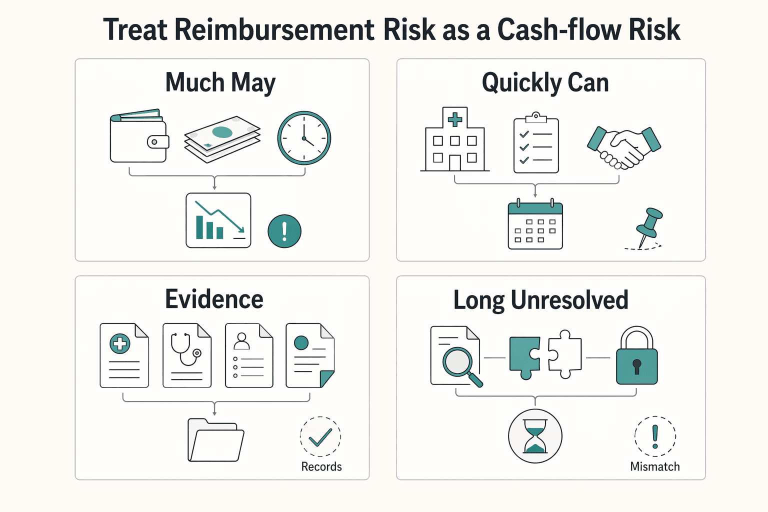 Diagram showing 2. Treat reimbursement risk as a cash-flow risk for How US Expats in Europe Can Pay Medical Bills Without Cash-Flow Shock.