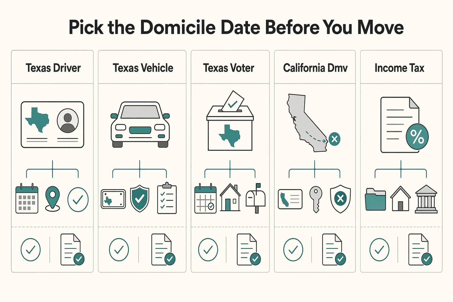 Diagram showing Pick the domicile date before you move for Moving From California to Texas and Building a Defensible Tax Residency Record.