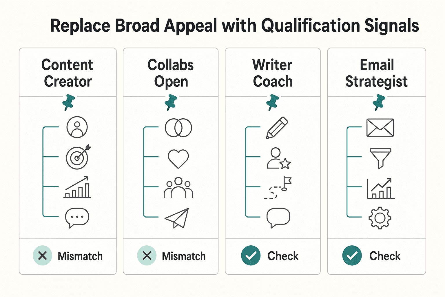 Diagram showing Replace broad appeal with qualification signals for How to Write a Freelance Instagram Bio That Filters for Fit.