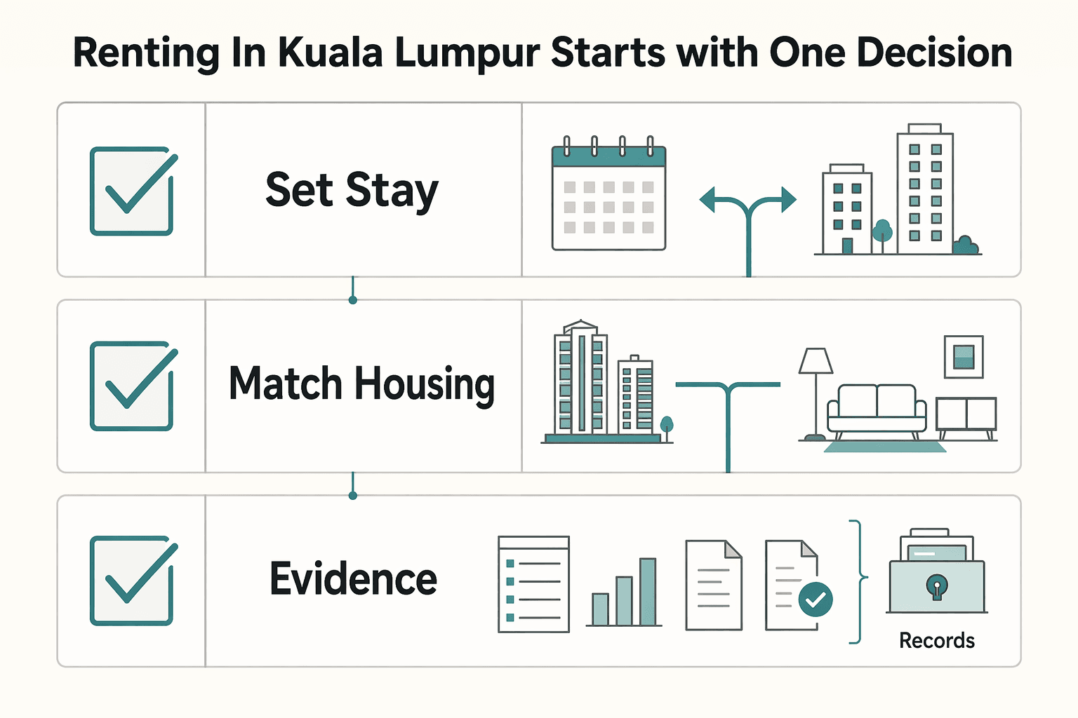 Diagram showing Renting in Kuala Lumpur starts with one decision for Renting in Kuala Lumpur for Remote Professionals.