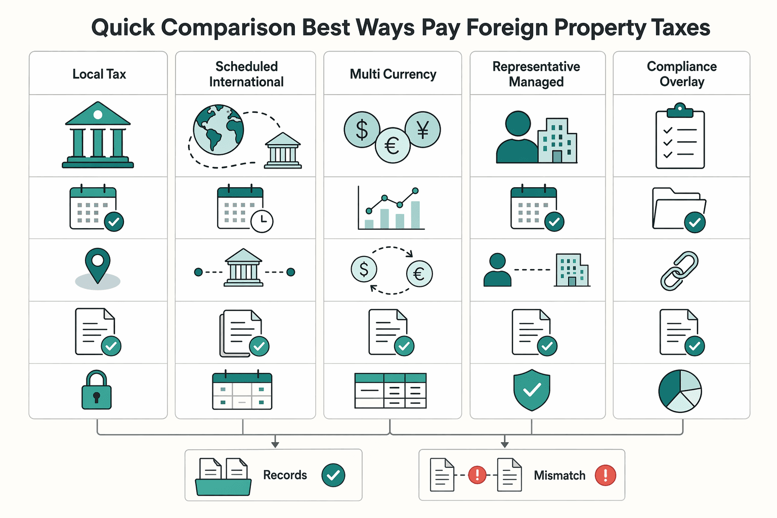 Diagram showing Quick comparison of the best ways to pay foreign property taxes for How to Pay Foreign Property Taxes Without U.S. Tax Surprises.
