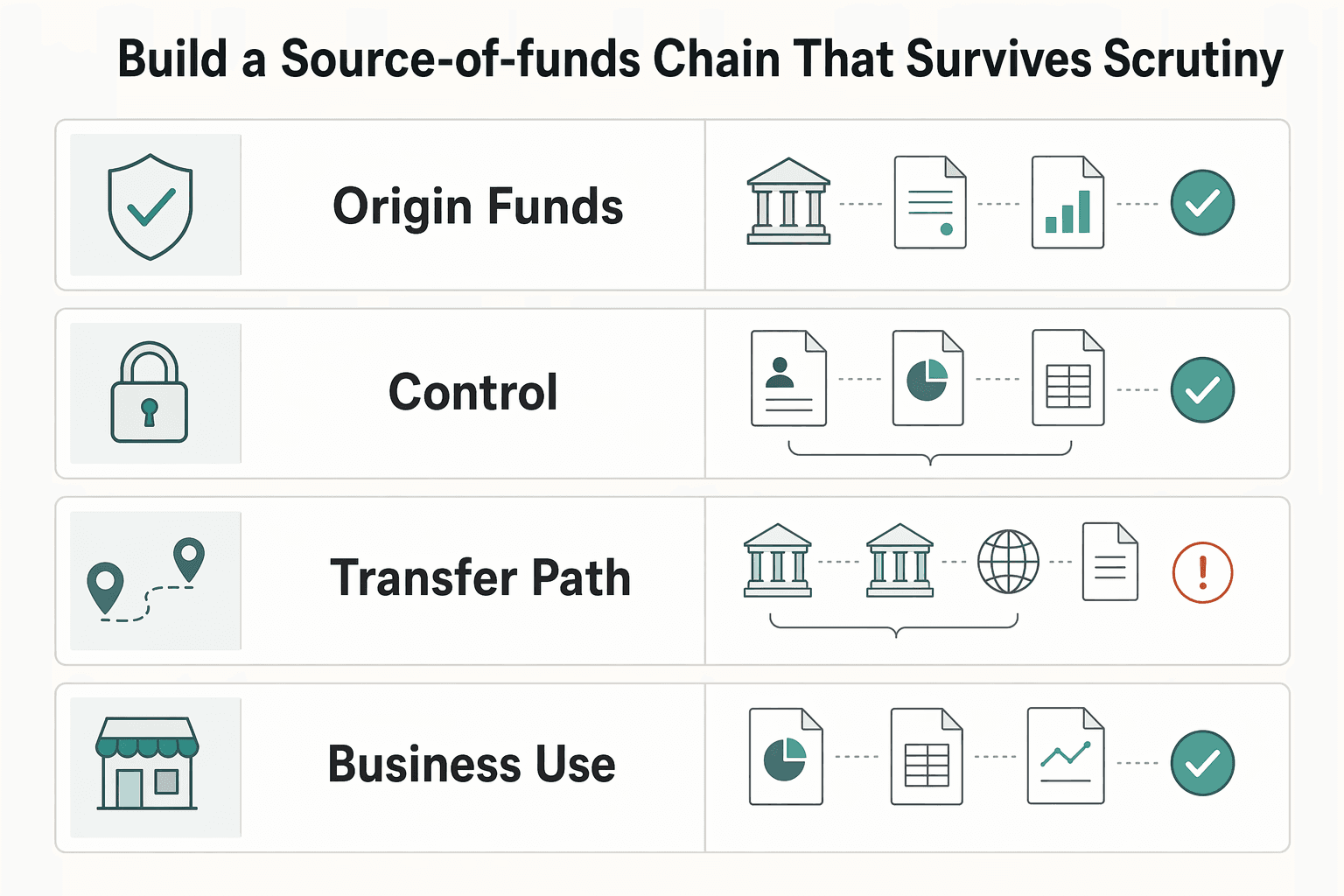 Diagram showing Build a source-of-funds chain that survives scrutiny for E-2 Visa for Entrepreneurs Launching a U.S. Business.