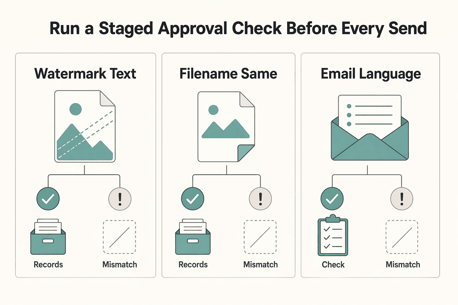Diagram showing Run a staged approval check before every send for How to Watermark Your Creative Work Before Sending to Clients.