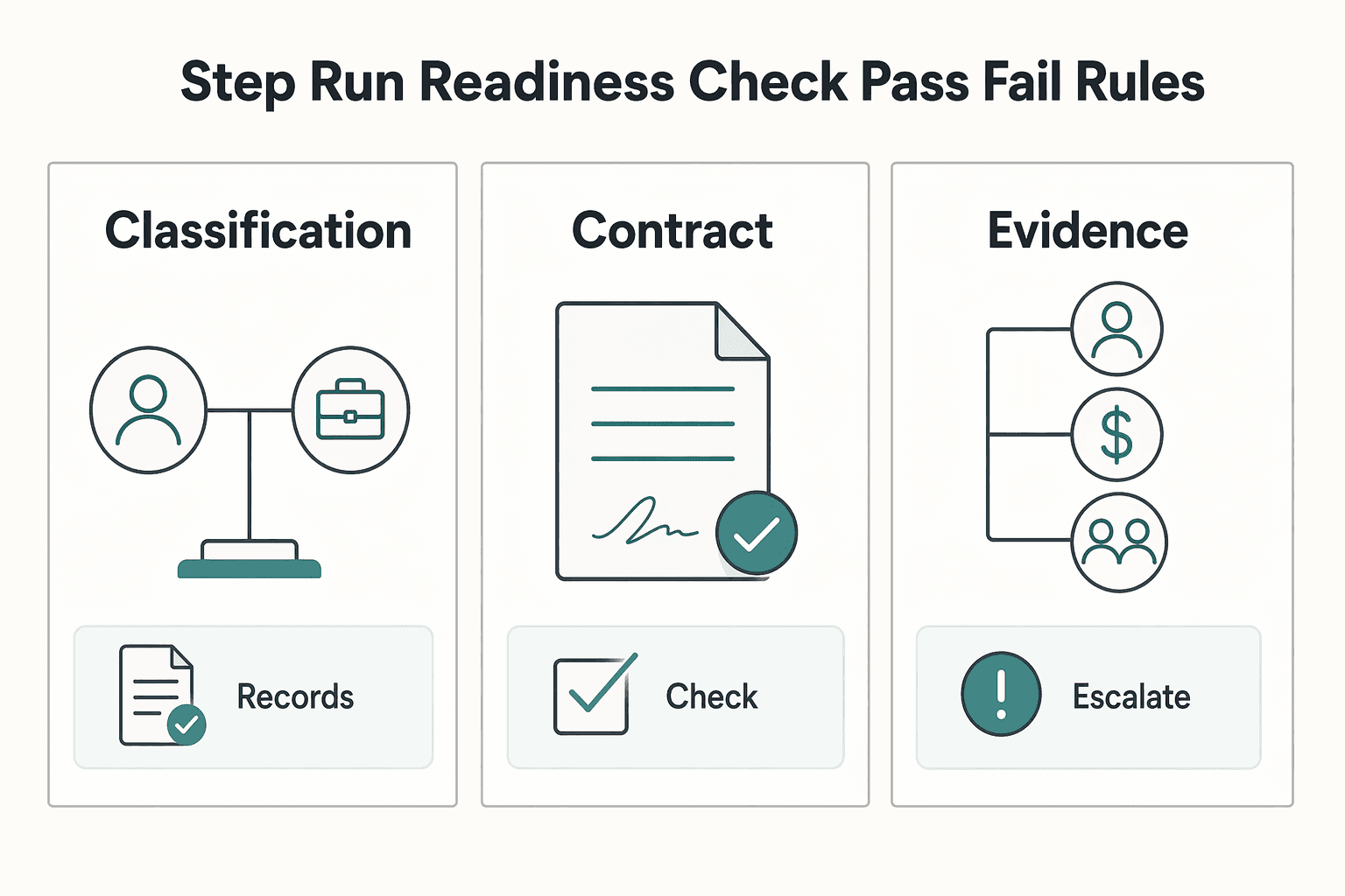 Diagram showing Step 1. Run a readiness check with pass or fail rules for How to Delegate Work to a Virtual Assistant.