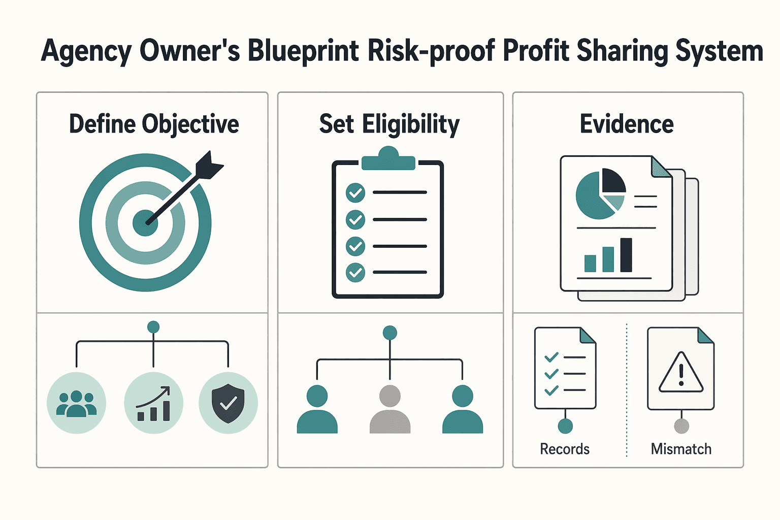 Diagram showing The Agency Owner's Blueprint for a Risk-Proof Profit Sharing System for Profit Sharing for Small Agencies Without Compliance Surprises.