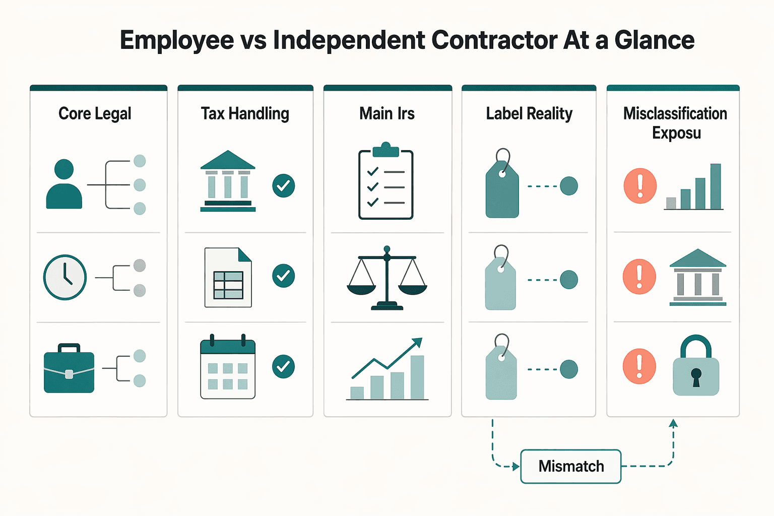 Diagram showing Employee vs Independent Contractor at a Glance for How to Classify a Worker as an Employee vs. an Independent Contractor in the US.