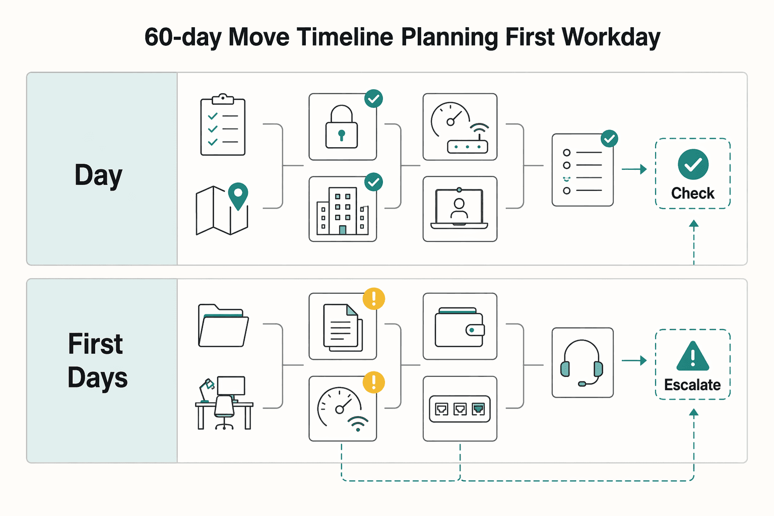 Diagram showing Your 60-day move timeline from planning to your first workday for London, UK: A Guide for Expats and Remote Workers.