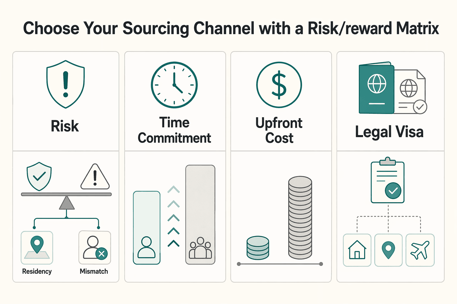 Diagram showing Choose Your Sourcing Channel with a Risk/Reward Matrix for How to Hire an International Nanny or Au Pair: A 4-Phase Framework for Digital Nomad Families.