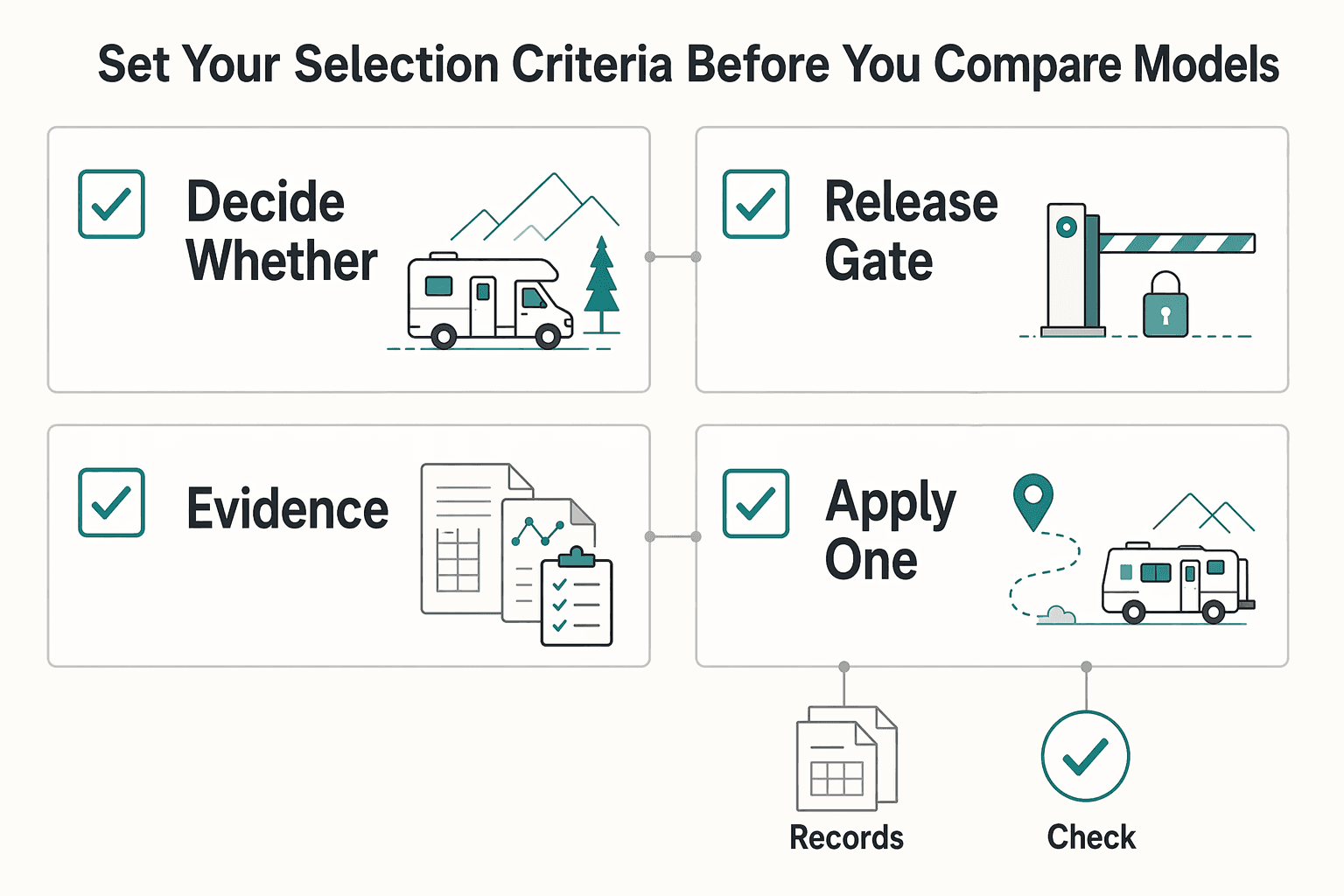 Diagram showing Set Your Selection Criteria Before You Compare Models for The Best RVs and Campervans for Digital Nomads.