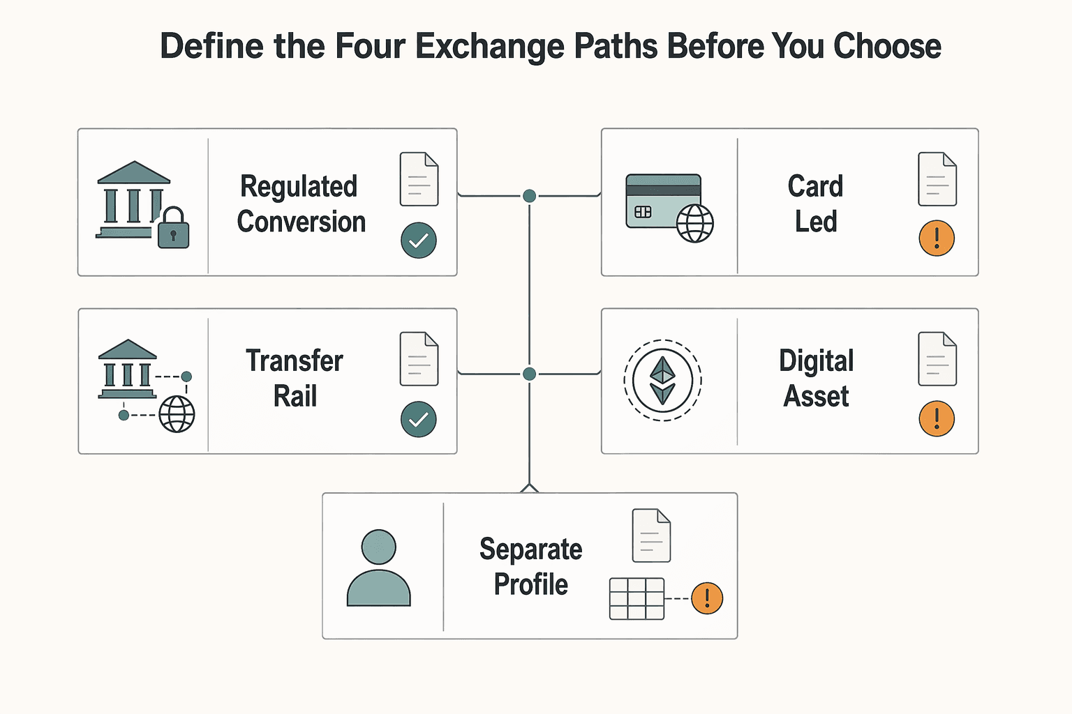 Diagram showing Define the four exchange paths before you choose for Using Western Union and Crypto to Get Favorable Exchange Rates in Argentina.