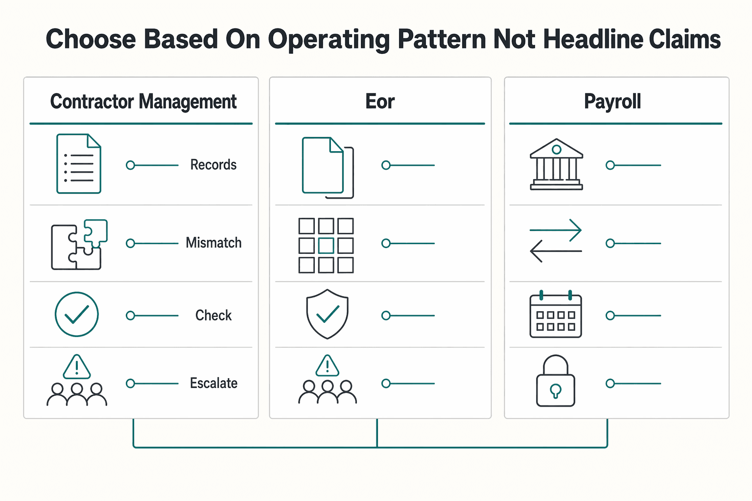 Diagram showing Choose based on operating pattern, not headline claims for Remote.com Pricing for Contractors and the Fees That Change Your Total.