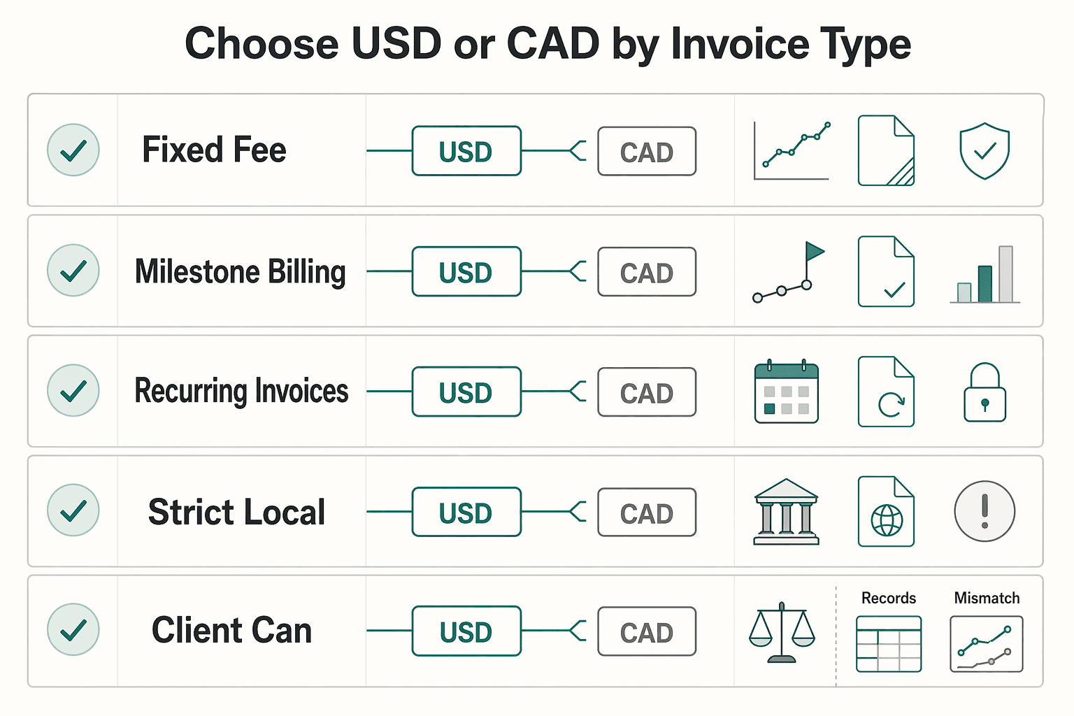 Diagram showing 1. Choose USD or CAD by invoice type, not habit for The Best Way to Invoice a Canadian Client from a US LLC to Minimize Fees.