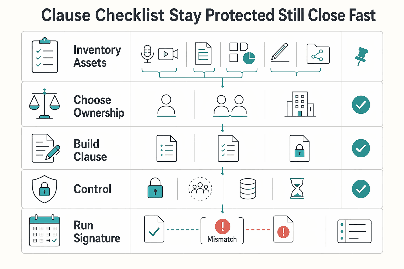 Diagram showing Use This Clause Checklist to Stay Protected and Still Close Fast for A UX Researcher's Guide to IP Clauses and Owning Your Research Data.