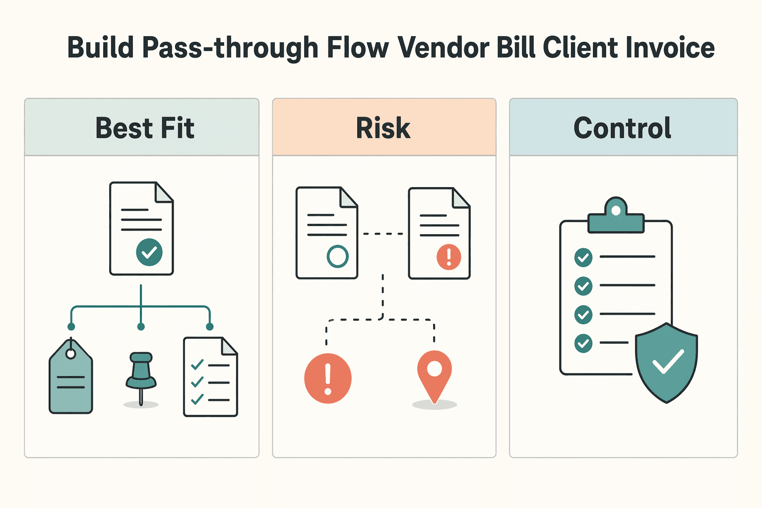 Diagram showing Build the Pass-Through Flow From Vendor Bill to Client Invoice for How to Automate Pass-Through Expense Tracking from Clients in QuickBooks.