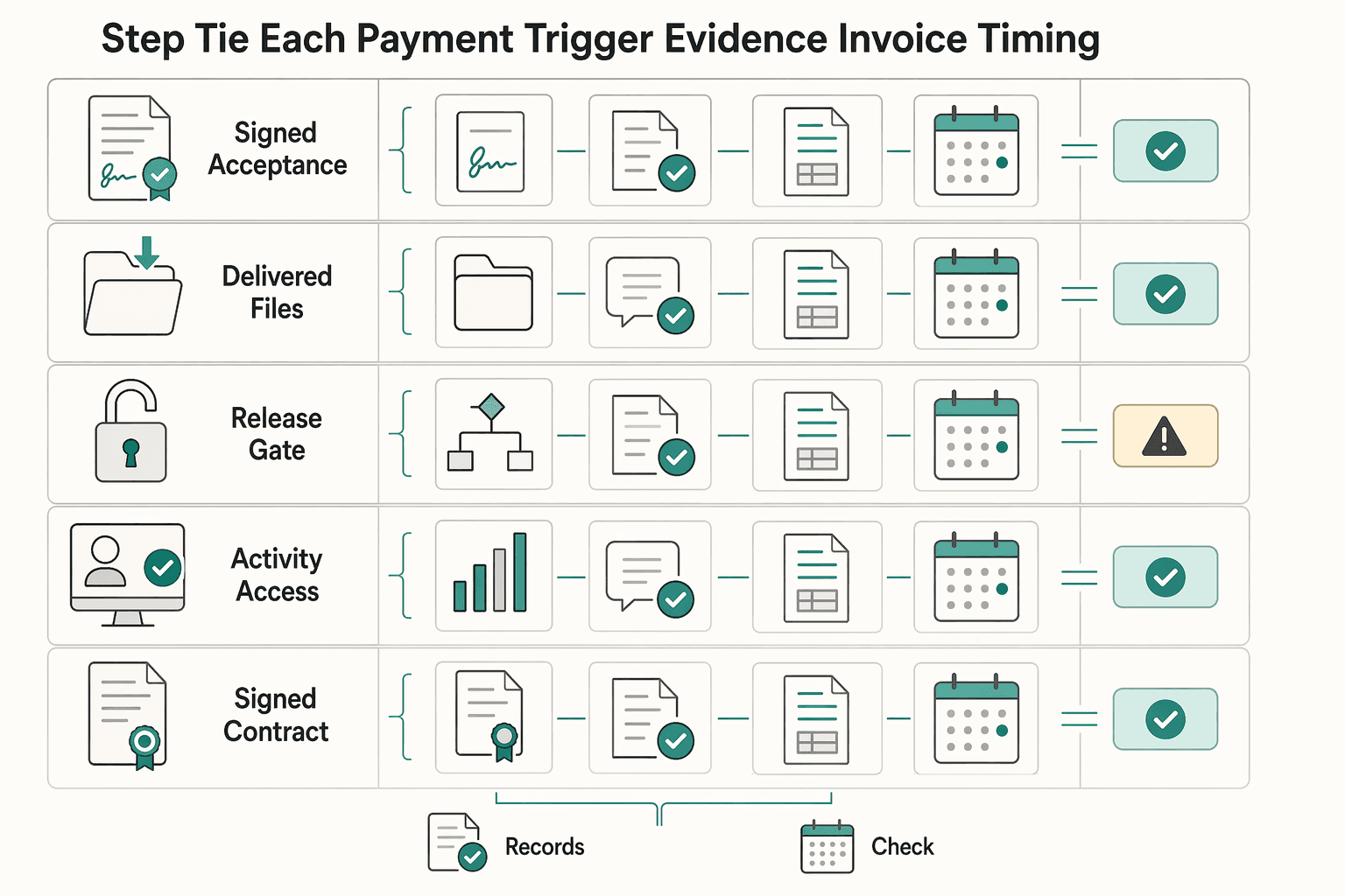 Diagram showing Step 2 tie each payment trigger to evidence and invoice timing for How to De-Risk a Fixed-Price Project with a Phased Payment Schedule.
