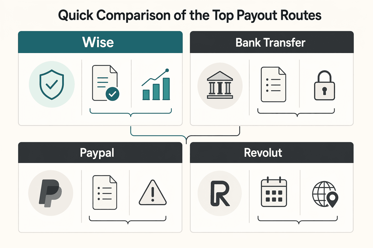 Diagram showing Quick comparison of the top payout routes for The Best Way to Pay Freelance Collaborators in Europe from the US.