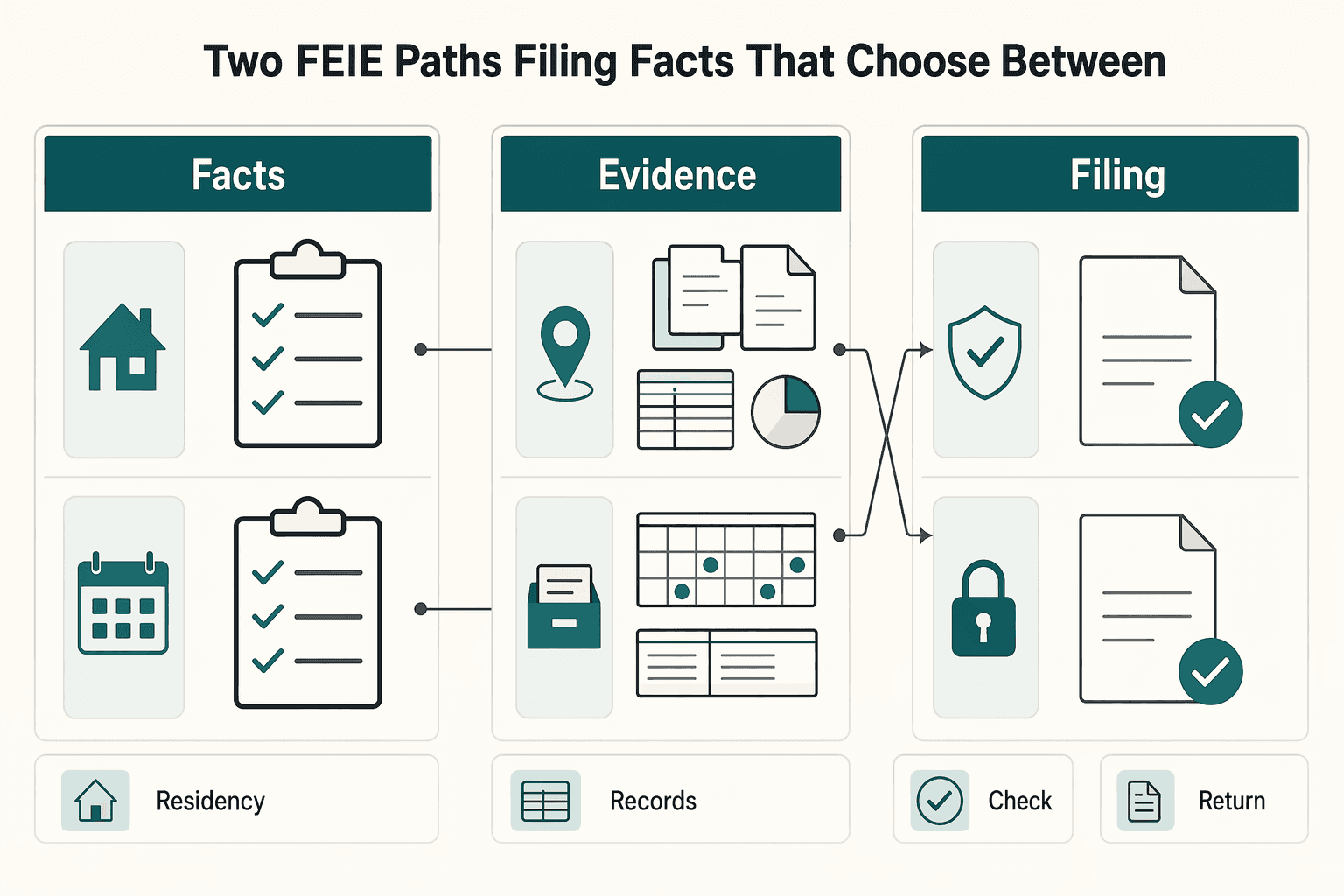 Diagram showing Residence, not establishment: two FEIE paths and the filing facts that choose between them for Bona Fide Establishment Test FEIE for Form 2555 Decisions.