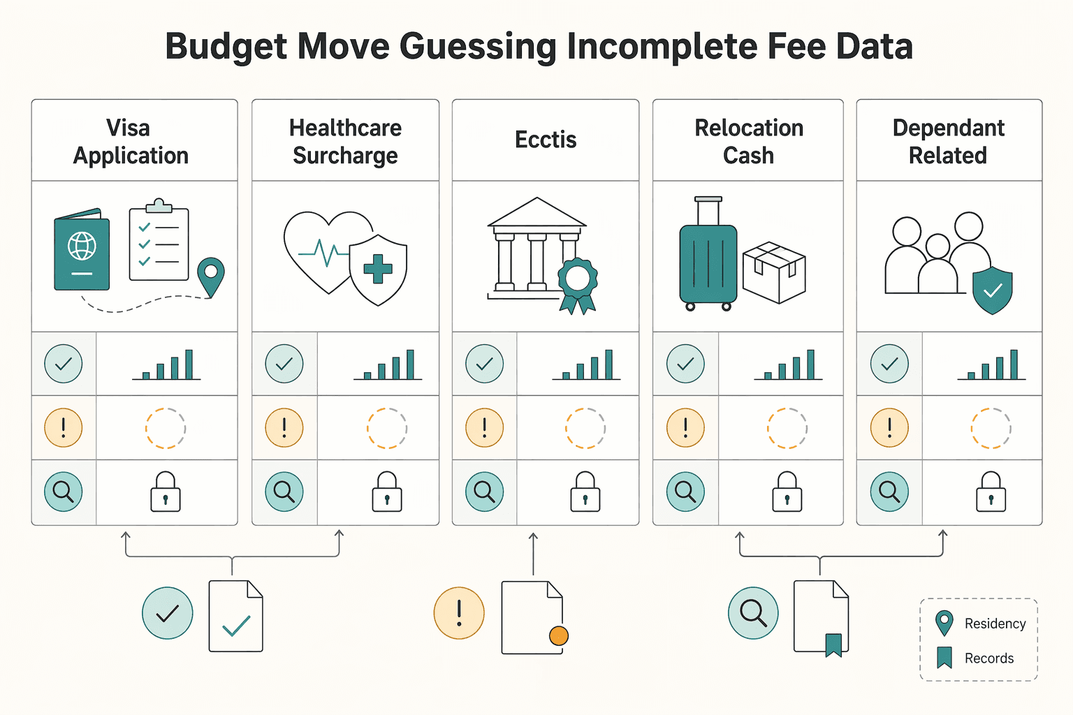 Diagram showing Budget the Move Without Guessing on Incomplete Fee Data for UK HPI Visa Planning with Verification-First Checkpoints.