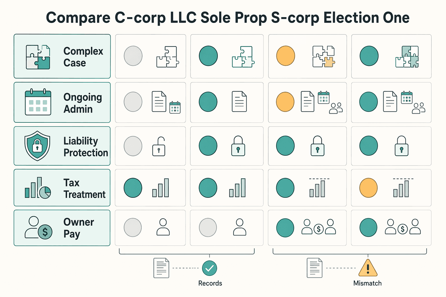 Diagram showing Compare C-corp LLC Sole Prop and S-corp Election on One Page for The Pros and Cons of a C-Corp for a Freelance Business.