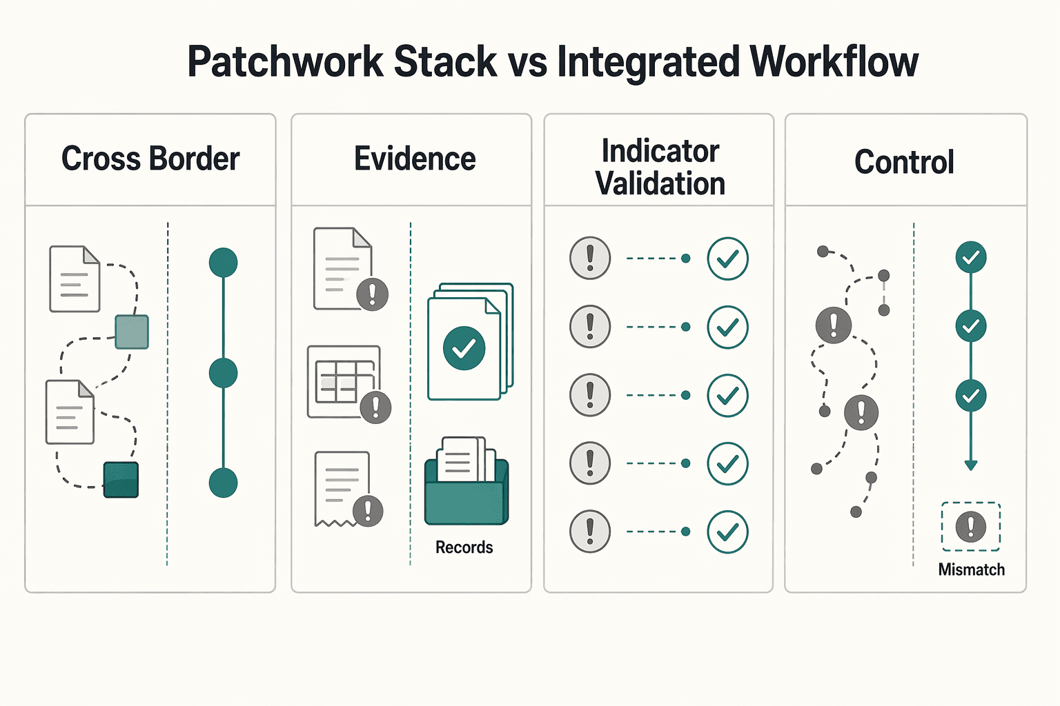 Diagram showing Patchwork stack vs integrated workflow for The Best Software for Calculating and Remitting Sales Tax.