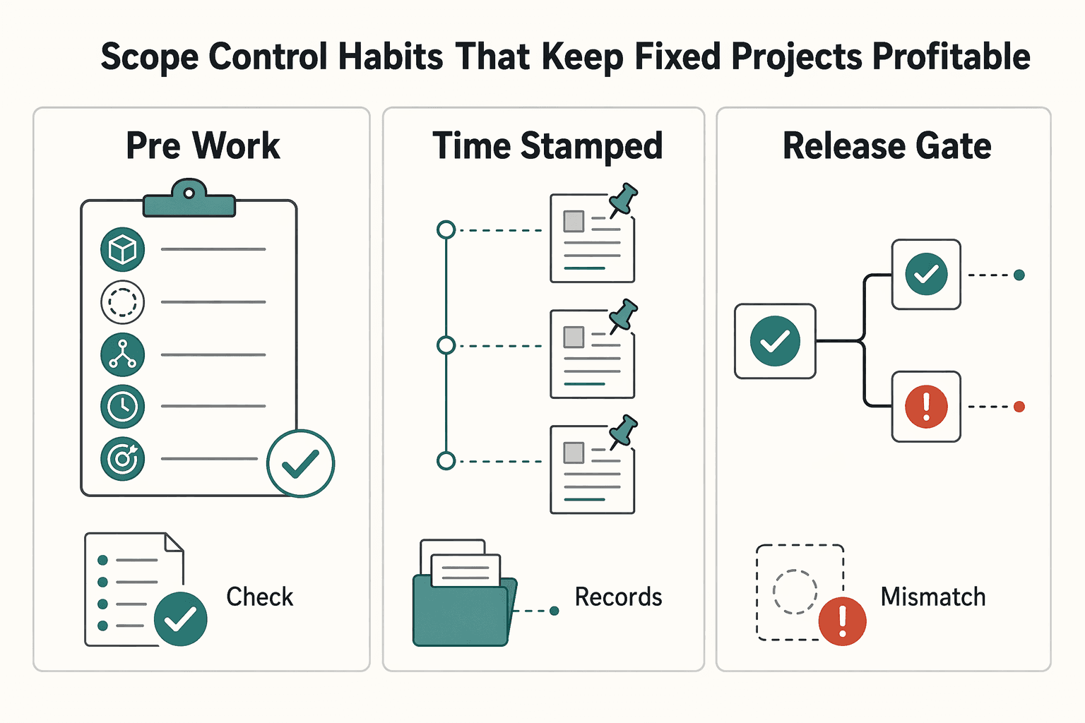 Diagram showing Scope Control Habits That Keep Fixed Projects Profitable for Moving From Hourly to Project Rates Without Hurting Cashflow.